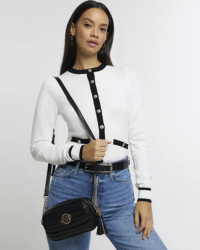River Island quilted flap front cross body bag Black Fashion