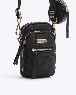 River Island quilted pouch phone cross body bag Black New