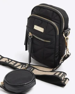 River Island quilted pouch phone cross body bag Black New