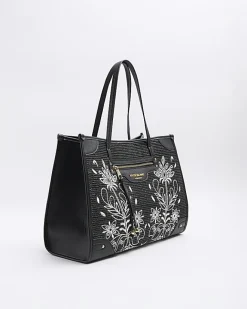 River Island raffia embroidered tote bag Black Clearance