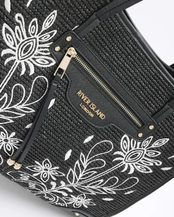 River Island raffia embroidered tote bag Black Clearance