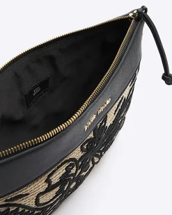 River Island raffia embroidered pouchette bag Black Online