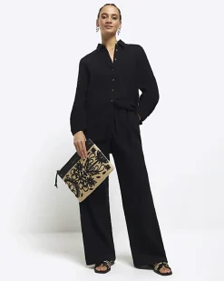 River Island raffia embroidered pouchette bag Black Online