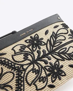River Island raffia embroidered pouchette bag Black Online