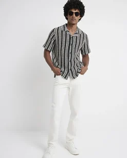 River Island regular fit crochet stripe revere shirt Black Outlet