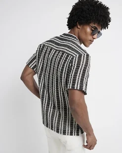 River Island regular fit crochet stripe revere shirt Black Outlet