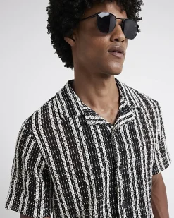 River Island regular fit crochet stripe revere shirt Black Outlet