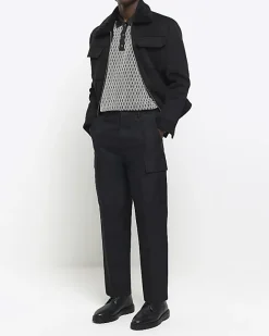 River Island Regular Fit Diamond Jacquard Polo Black Hot