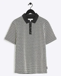 River Island Regular Fit Diamond Jacquard Polo Black Hot