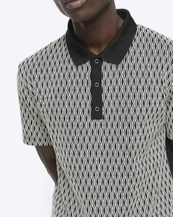 River Island Regular Fit Diamond Jacquard Polo Black Hot