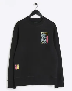 River Island regular fit Japanese tiger sweatshirt Black New