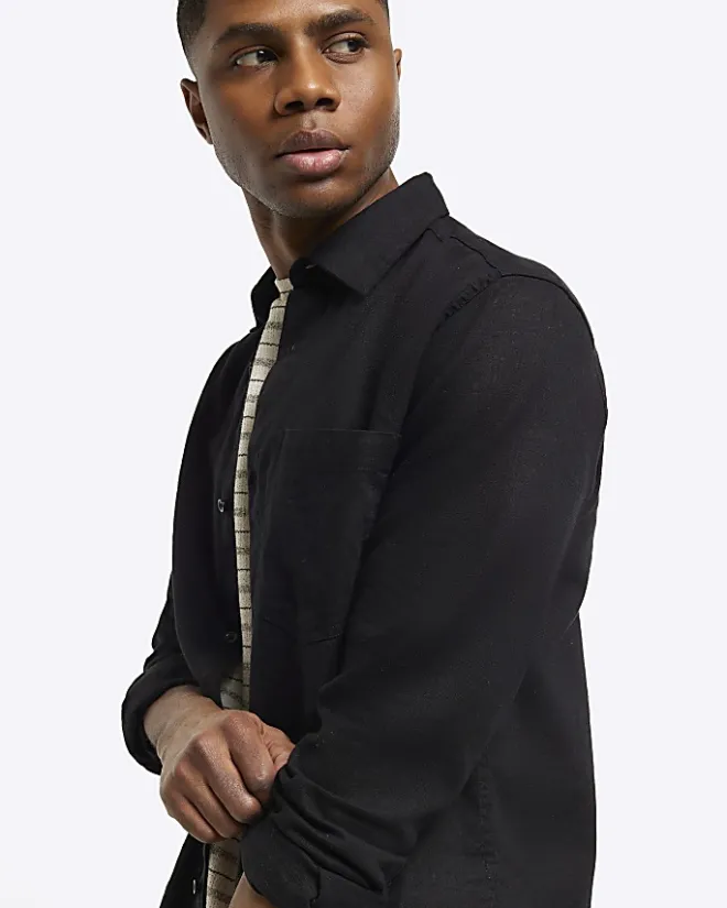 River Island regular fit linen blend shirt Black Online