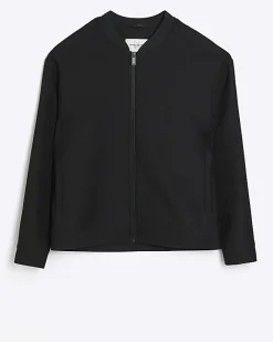 River Island regular fit plisse zip bomber jacket Black Clearance