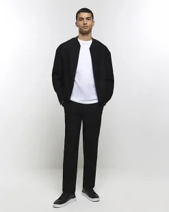 River Island regular fit plisse zip bomber jacket Black Clearance
