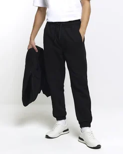 River Island regular fit rib panel joggers Black New