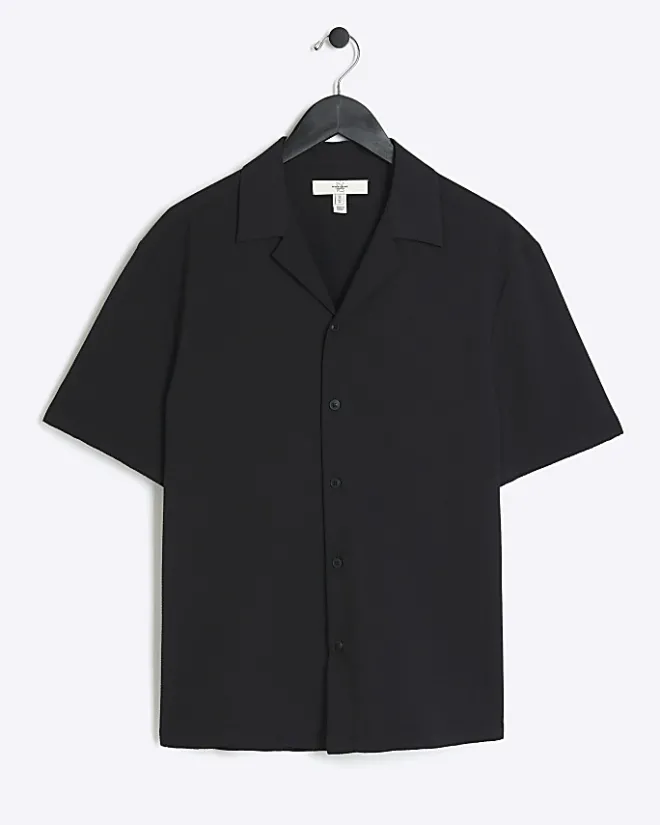 River Island Regular Fit Seersucker Revere Shirt Black Sale