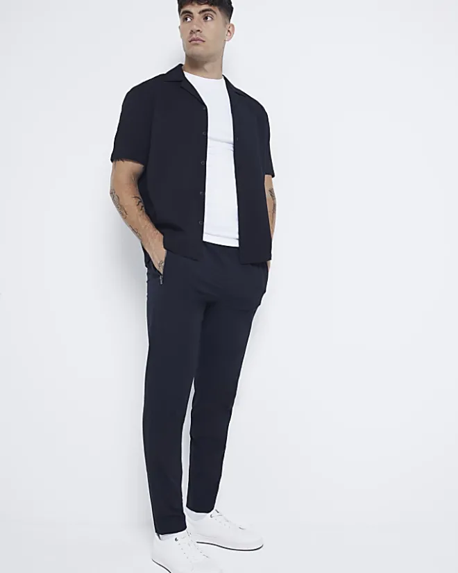 River Island Regular Fit Seersucker Revere Shirt Black Sale