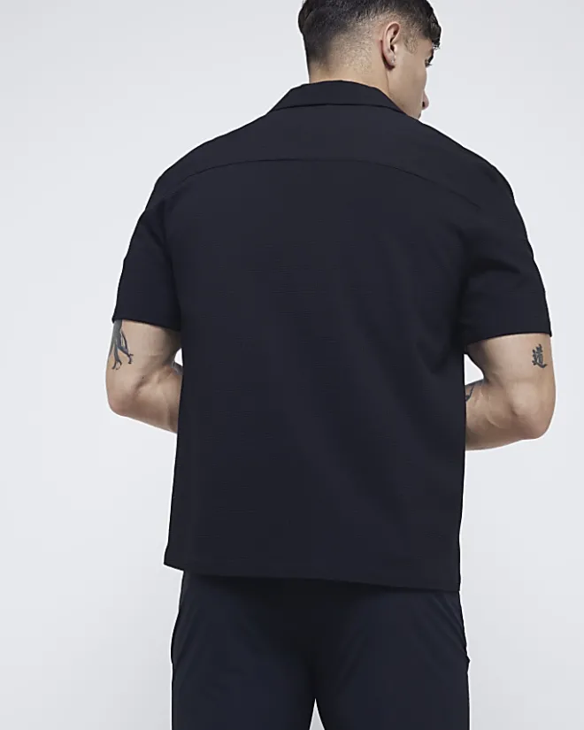 River Island Regular Fit Seersucker Revere Shirt Black Sale