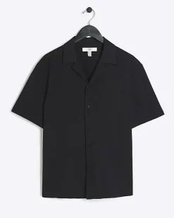 River Island Regular Fit Seersucker Revere Shirt Black Sale