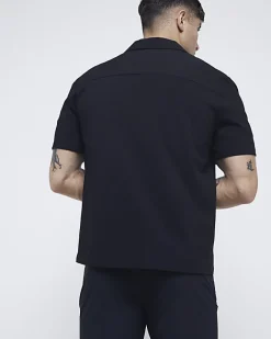 River Island Regular Fit Seersucker Revere Shirt Black Sale