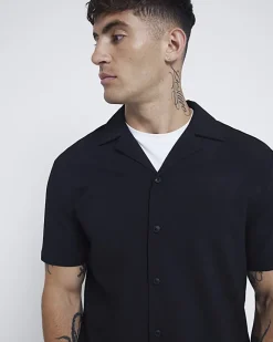 River Island Regular Fit Seersucker Revere Shirt Black Sale