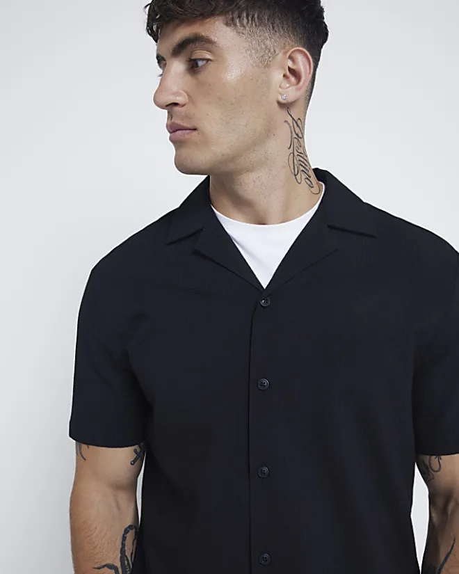River Island Regular Fit Seersucker Revere Shirt Black Sale
