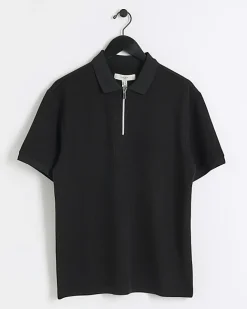 River Island regular fit smart texture zip neck polo Black Discount