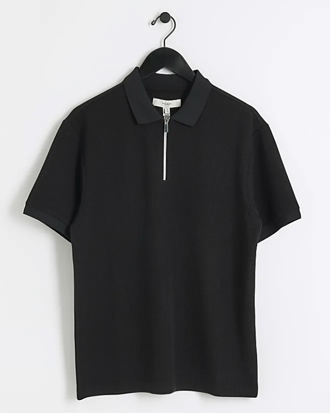 River Island regular fit smart texture zip neck polo Black Discount