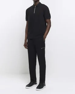 River Island regular fit smart texture zip neck polo Black Discount