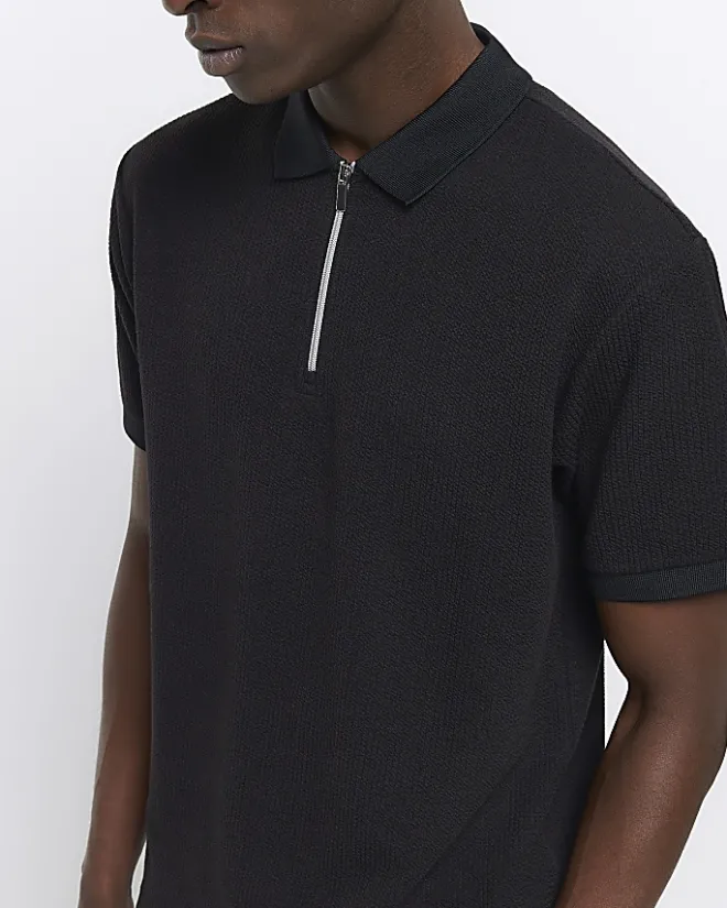 River Island regular fit smart texture zip neck polo Black Discount
