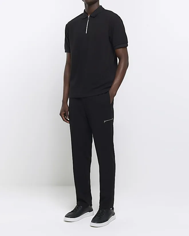 River Island regular fit smart texture zip neck polo Black Discount