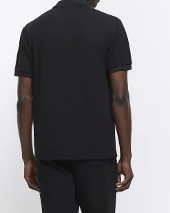 River Island regular fit smart texture zip neck polo Black Discount