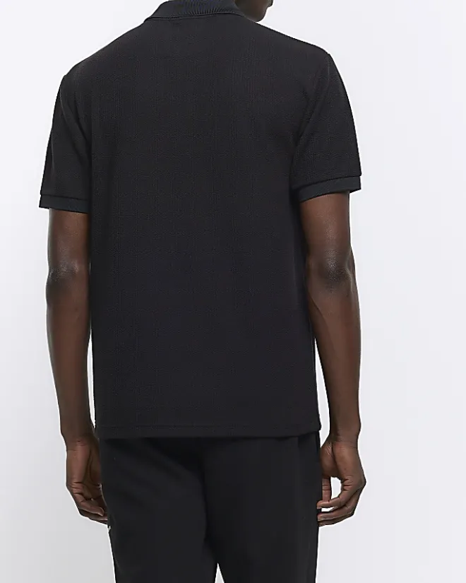 River Island regular fit smart texture zip neck polo Black Discount