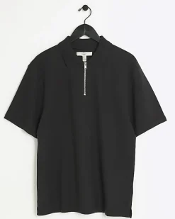 River Island regular fit textured half zip polo Black Online