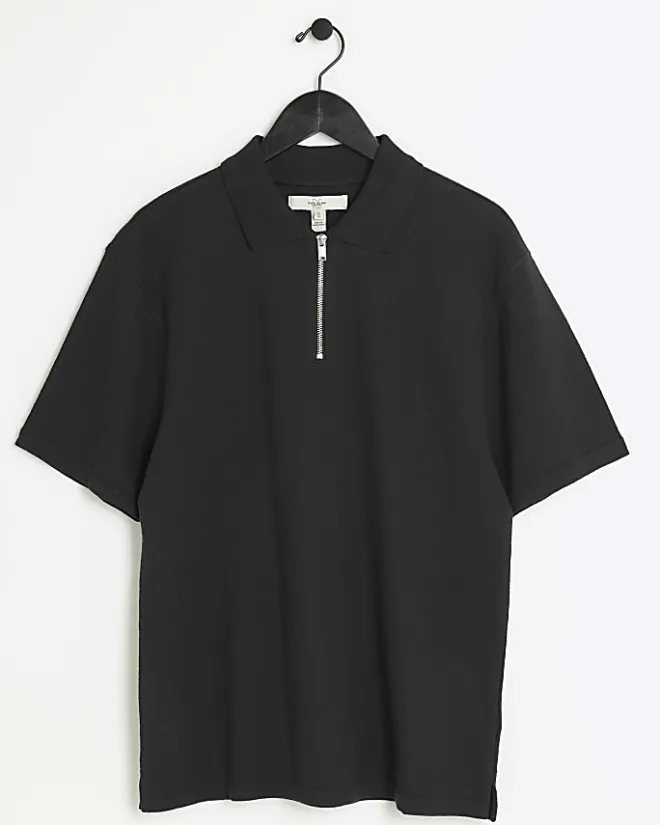 River Island regular fit textured half zip polo Black Online