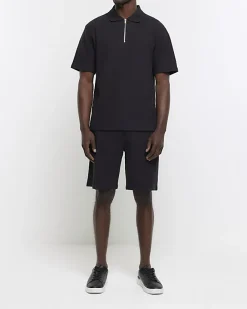 River Island regular fit textured half zip polo Black Online