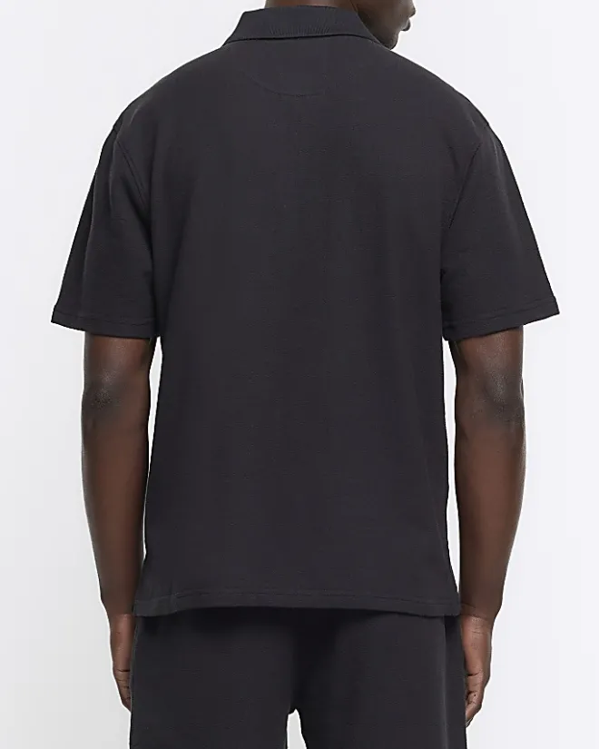 River Island regular fit textured half zip polo Black Online