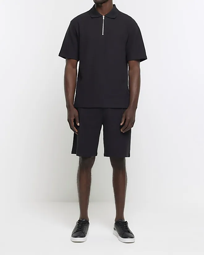 River Island regular fit textured half zip polo Black Online