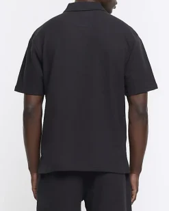 River Island regular fit textured half zip polo Black Online