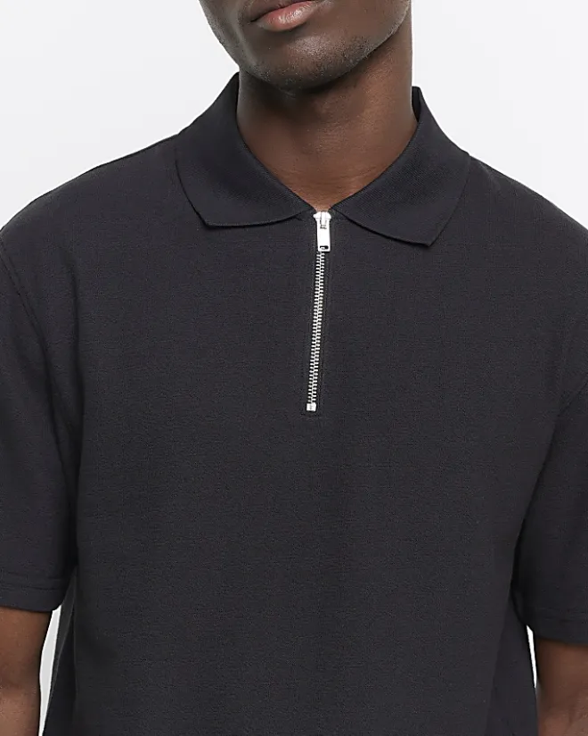 River Island regular fit textured half zip polo Black Online