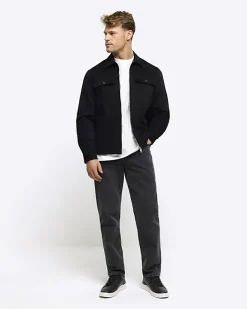 River Island regular fit zip up overshirt Black Clearance
