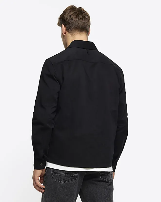 River Island regular fit zip up overshirt Black Clearance
