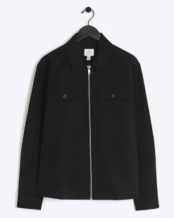 River Island regular fit zip up overshirt Black Clearance