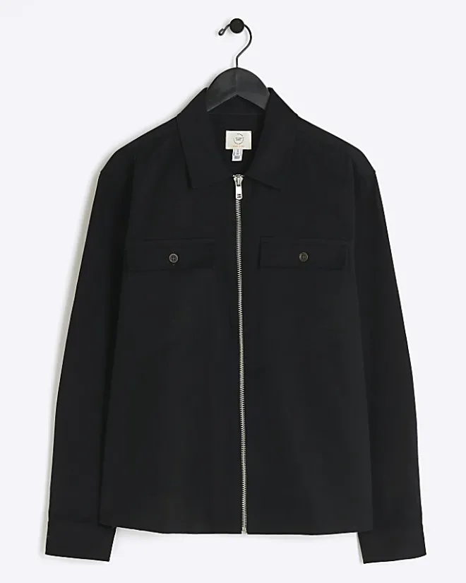 River Island regular fit zip up overshirt Black Clearance