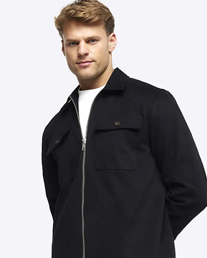River Island regular fit zip up overshirt Black Clearance