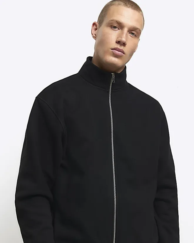 River Island regular fit zip up funnel sweatshirt Black Outlet