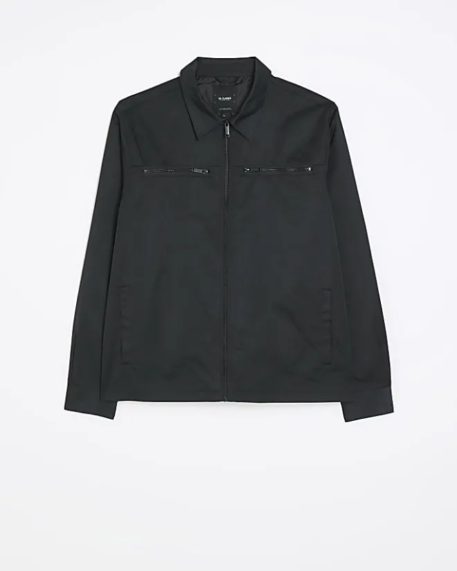 River Island regular fit zip up tech shacket Black Clearance