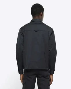 River Island regular fit zip up tech shacket Black Clearance