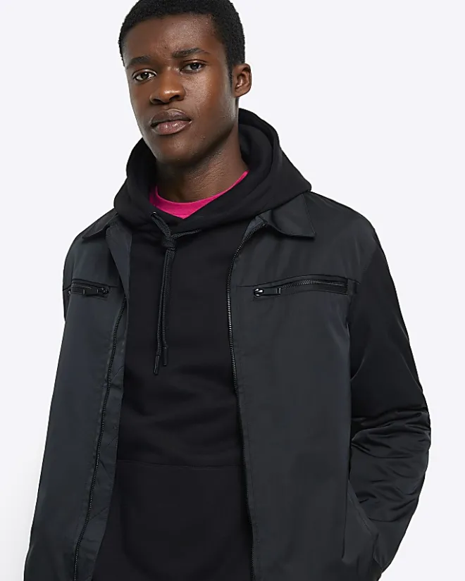 River Island regular fit zip up tech shacket Black Clearance
