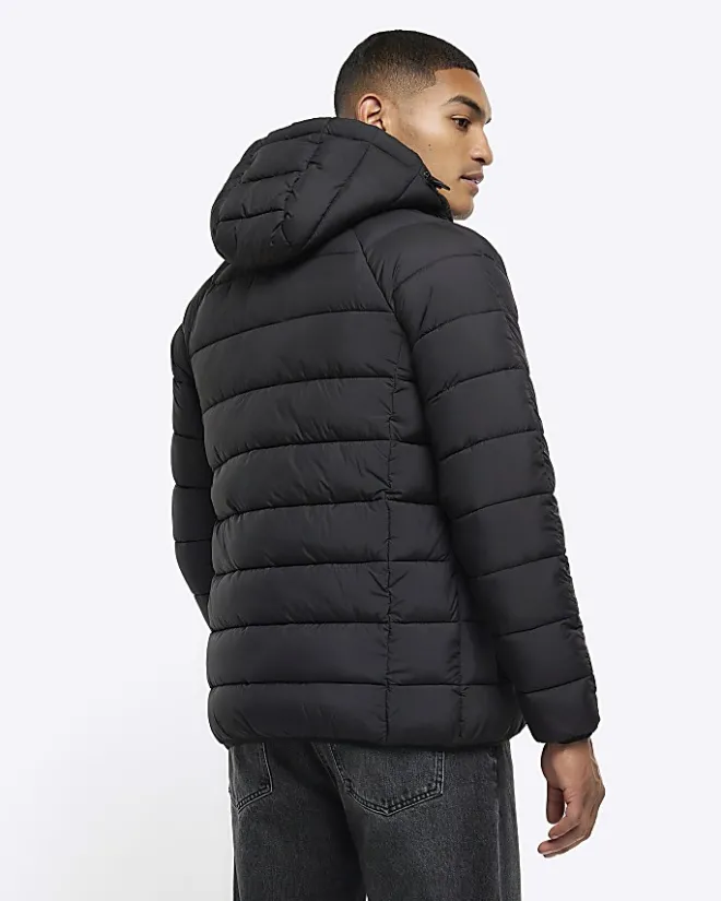 River Island regular hooded quilted puffer jacket Black Discount
